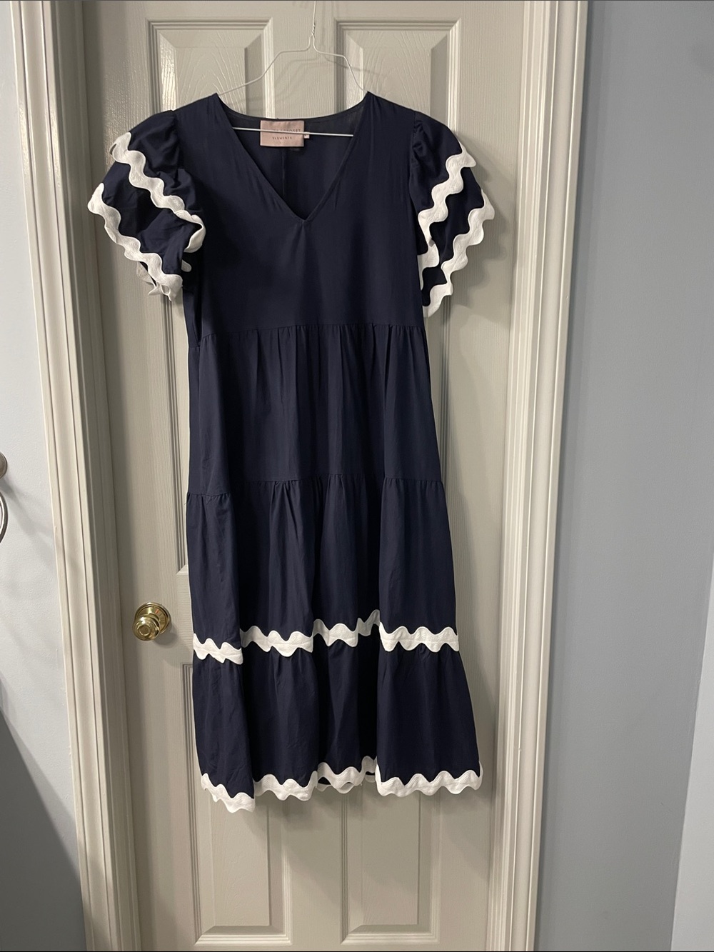Navy V-Neck Tiered Dress with White Scalloped Trim